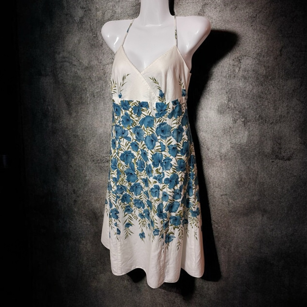 Ann Taylor, Cream & Ocean Blue Floral Slip dress size 4, Fully Lined V neck EUC
